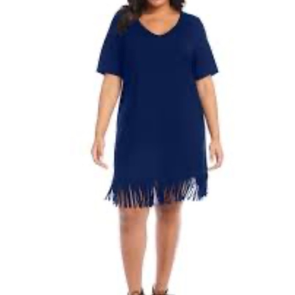 KAREN KANE V-Neck Fringe Dress - Navy Plus 1X - Picture 1 of 15